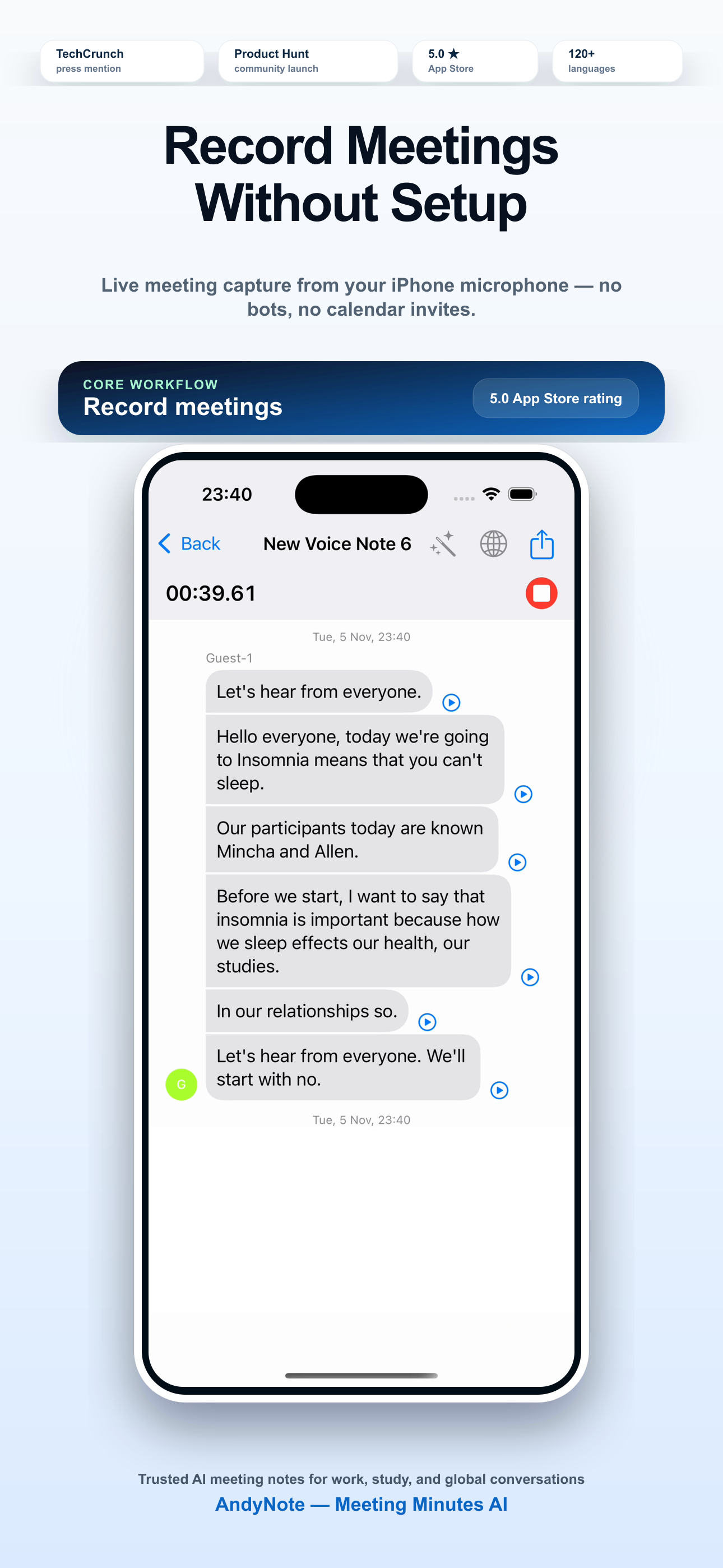 AndyNote App Store screenshot showing meeting recording