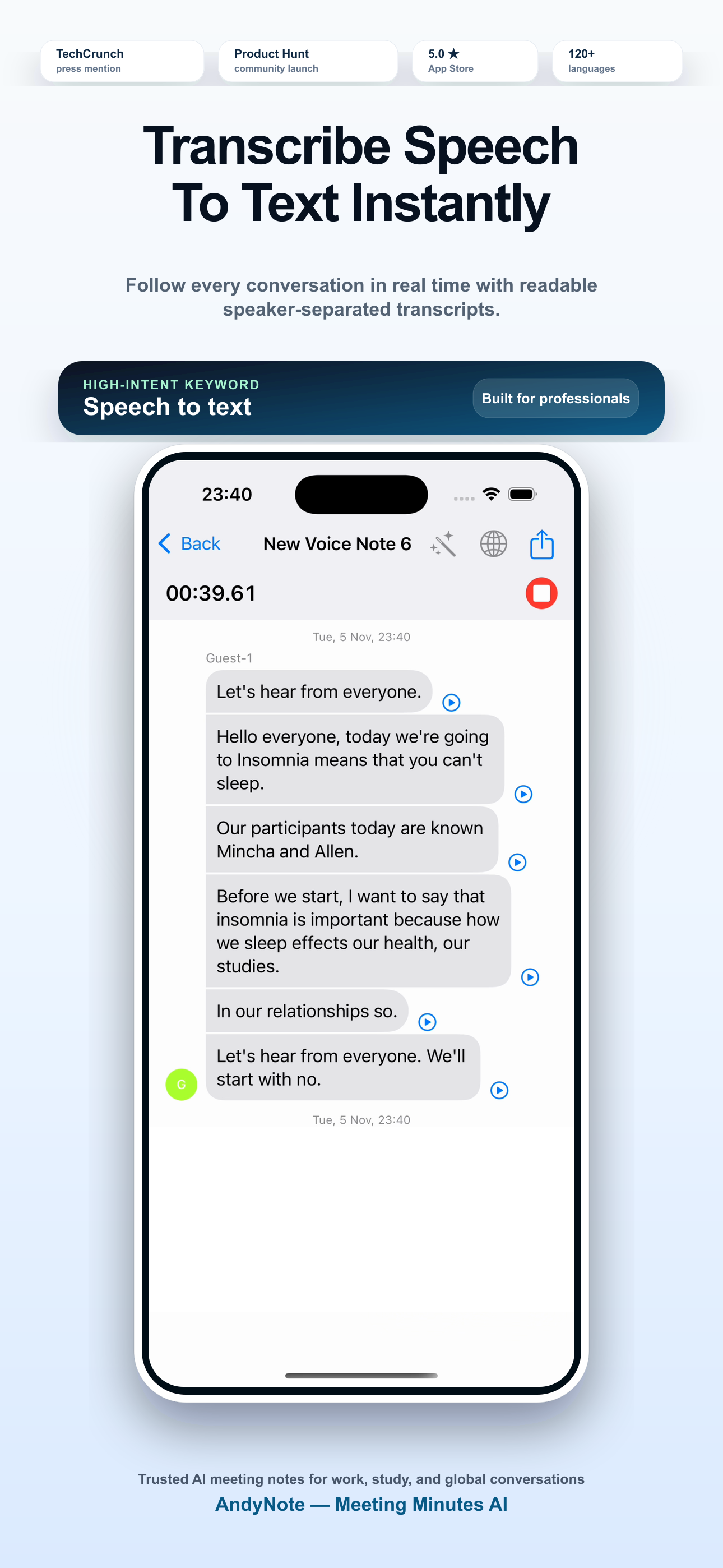 AndyNote transcribes speech to text instantly