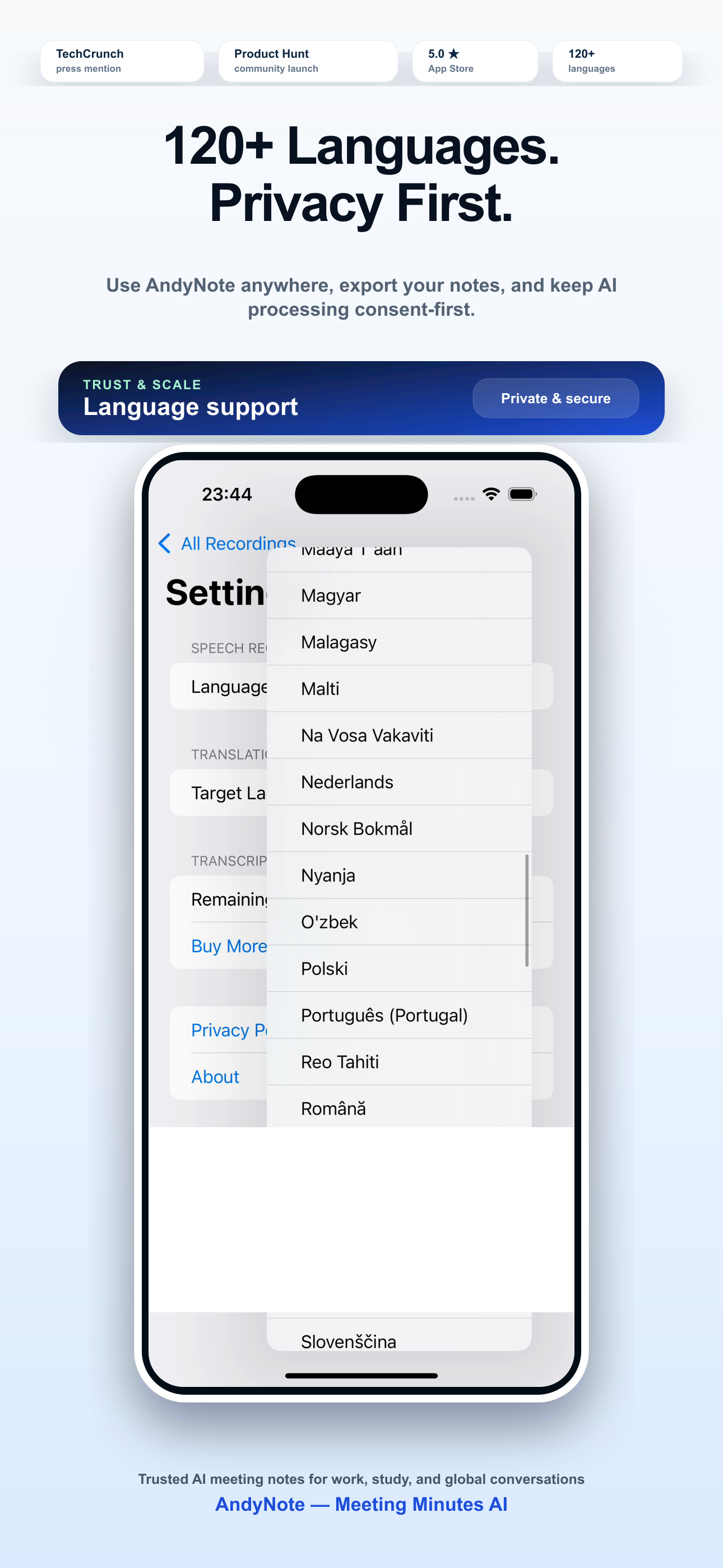 AndyNote supports 120+ languages with privacy-first design